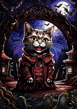 Vampire Cat in Gothic Graveyard