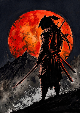 Samurai Silhouette Under Blood Moon