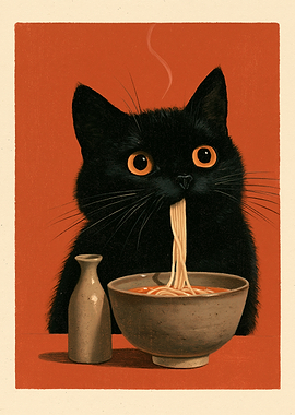 Black Cat Eating Ramen Noodles