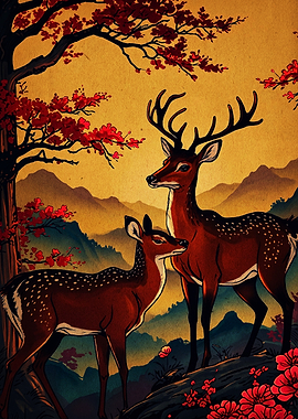 Two Deer in Autumn Landscape