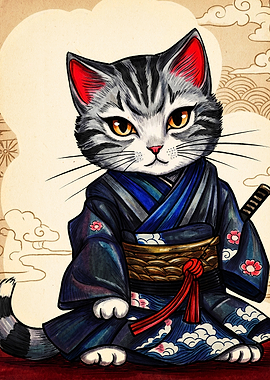 Samurai Cat in Traditional Kimono