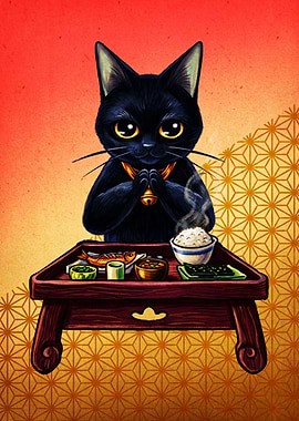 Black Cat Saying Grace Before Meal