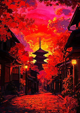 Vibrant Red Japanese Temple Street