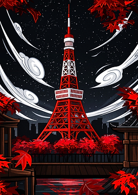 Tokyo Tower at Night with Maples