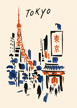 Tokyo Cityscape Ink Wash Illustration