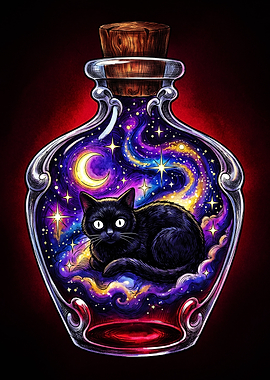Black Cat in Galaxy Potion Bottle