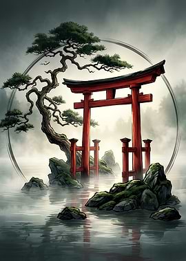 Torii Gate and Bonsai Tree