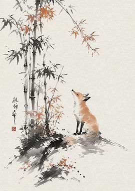 Fox Sitting Under Bamboo Ink Painting