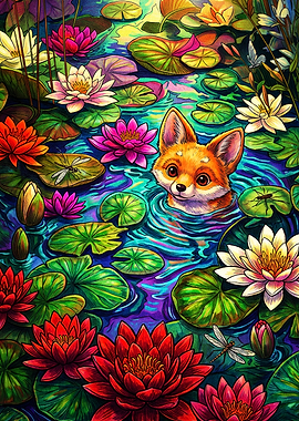 Cute Fox in Vibrant Lily Pond