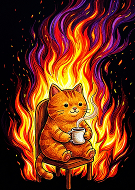 Cute Cat Sitting in Fire