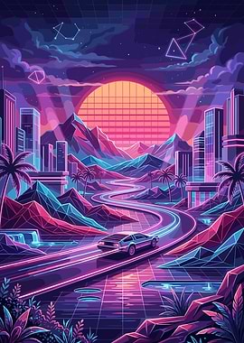 Synthwave Retro Future Car Landscape