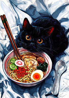 Black Cat Eating Ramen Illustration