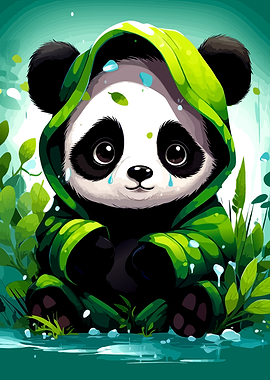 Cute Panda in Green Raincoat