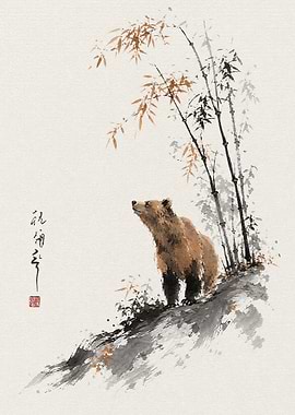 Watercolor Bear and Bamboo Painting