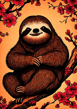 Sloth Resting in Cherry Blossoms