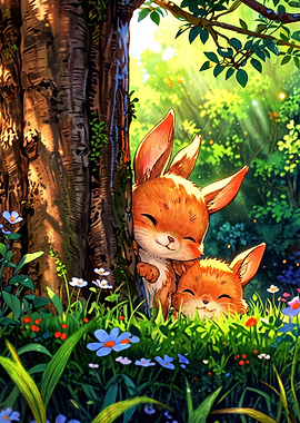 Two Cute Foxes in Forest