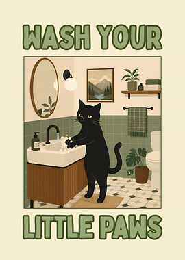Black Cat Washing Paws Bathroom Poster