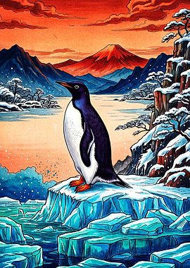 Penguin Standing on Iceberg at Sunset