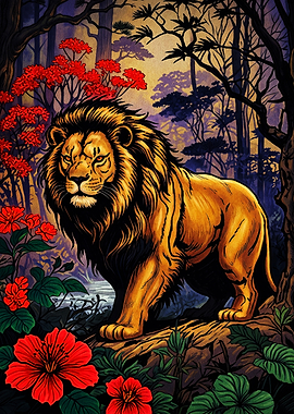 Majestic Lion in Vibrant Floral Forest