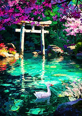 White Duck in Japanese Garden Pond