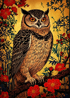Great Horned Owl in Japanese Style