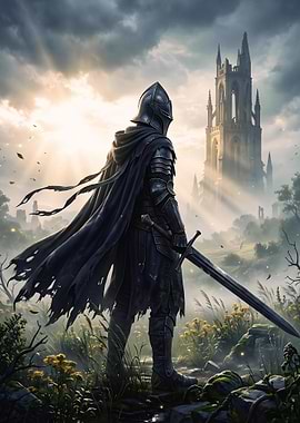 Dark Knight Before the Ancient Tower
