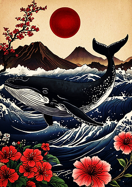Japanese Style Whale and Red Sun