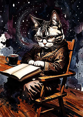 Studious Cat Reading in Space