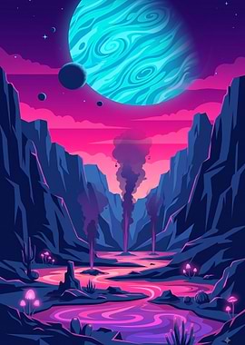 Neon Alien Landscape with Giant Planet