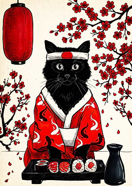Black Cat in Kimono with Sushi