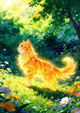 Magical Glowing Orange Cat in Forest