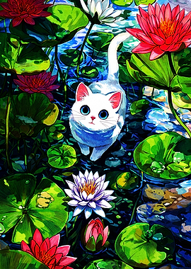White Cat Among Water Lilies