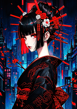 Cyberpunk Geisha in Neon City