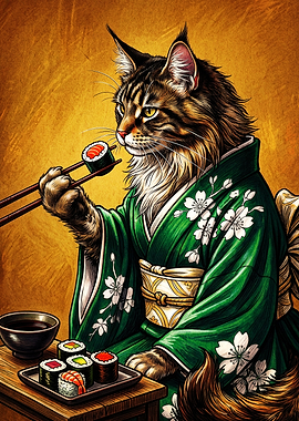 Maine Coon Cat Eating Sushi