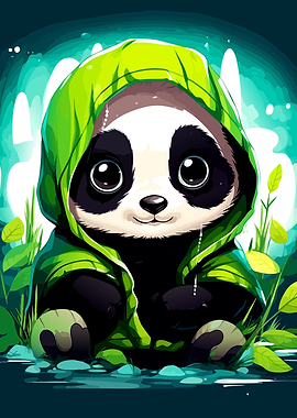 Cute Panda in Green Hoodie