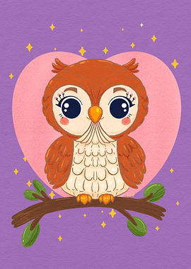 Cute Cartoon Owl on Branch