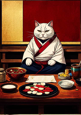 Serious Cat Samurai Dining