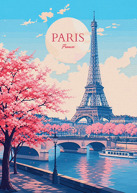 Paris Eiffel Tower Cherry Blossom Poster