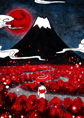 Woman in Kimono Before Mount Fuji