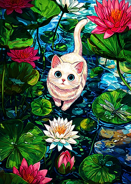 Cute Kitten in a Lotus Pond