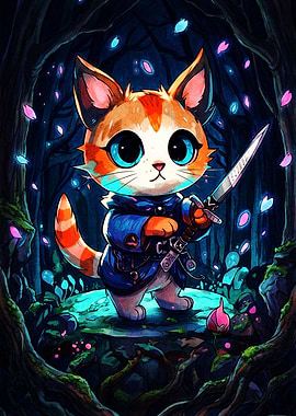Cute Warrior Cat in Enchanted Forest