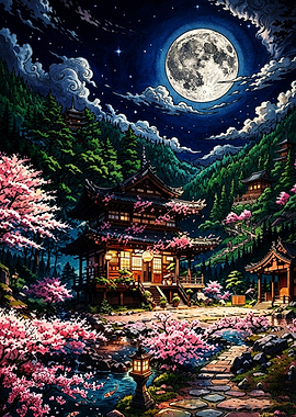 Moonlit Japanese Temple with Cherry Blossoms