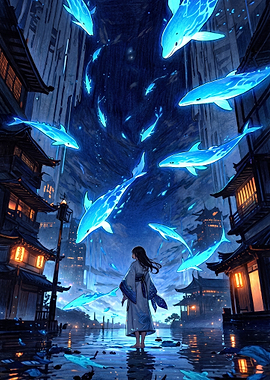 Girl Watching Glowing Spirit Dolphins