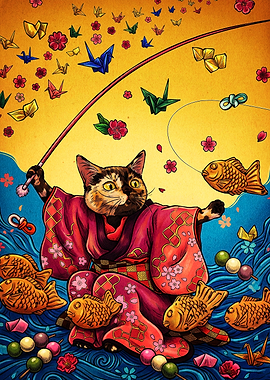 Cat in Kimono Fishing Taiyaki