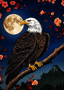 Bald Eagle Perched Under Full Moon