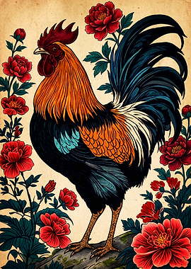 Rooster and Peonies Vintage Illustration
