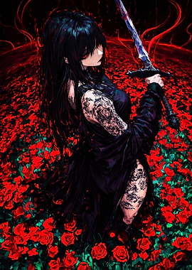 Dark Anime Warrior in Rose Field