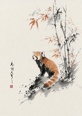 Red Panda Ink Wash Painting
