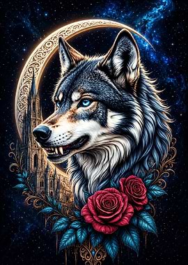 Wolf with Roses and Gothic Castle