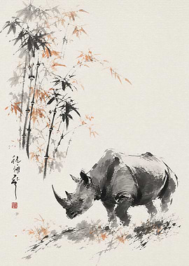 Sumi-e Style Rhinoceros and Bamboo
